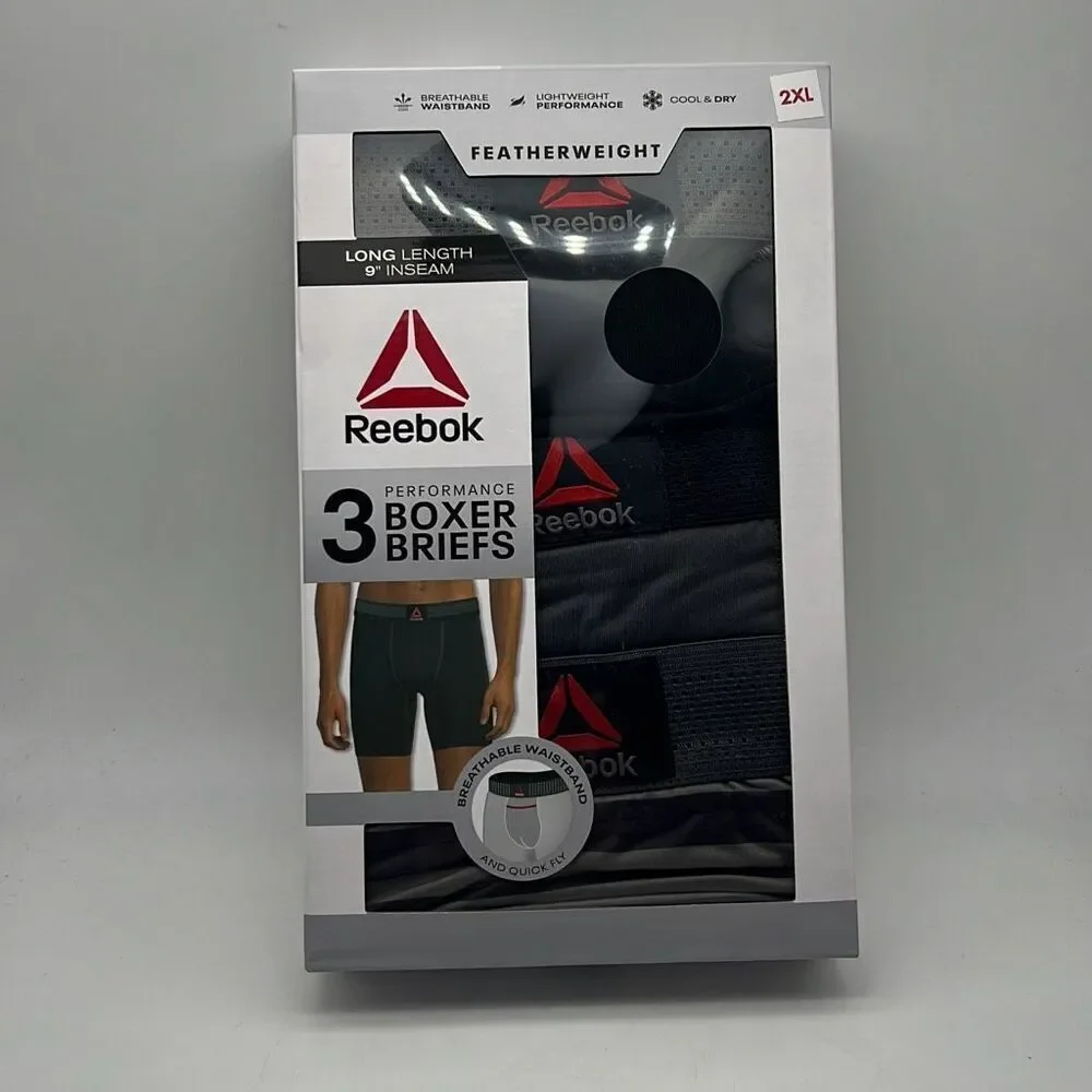 Reebok Men's Performance‎ 9” inseam Boxer Brief 3 Pack Featherweight 2XL 44-46